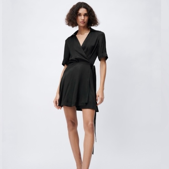 Zara Dresses & Skirts - Zara Black Satin Collared Wrap Dress Size XS